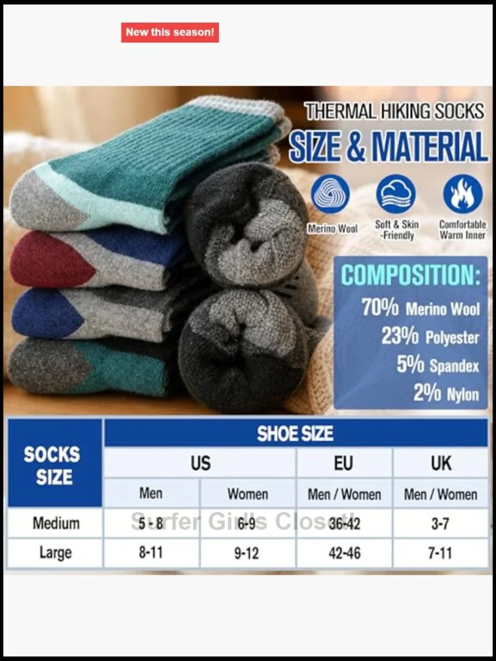 5 Pairs Merino Wool Hiking Socks Warm Thermal Cushioned Moisture Wicking
